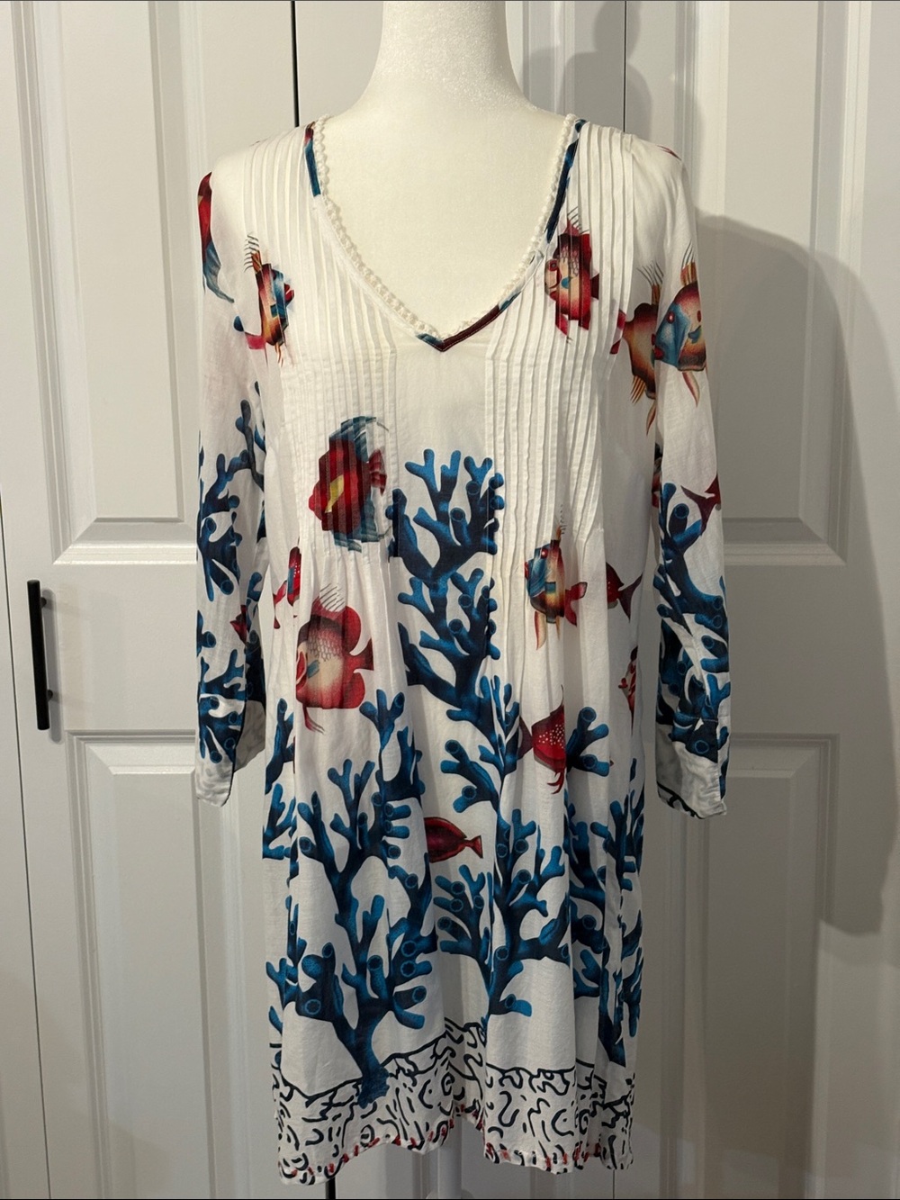 Soft Surroundings 100% Cotton Nautical Fish & Coral Tunic Dress Pleated Design